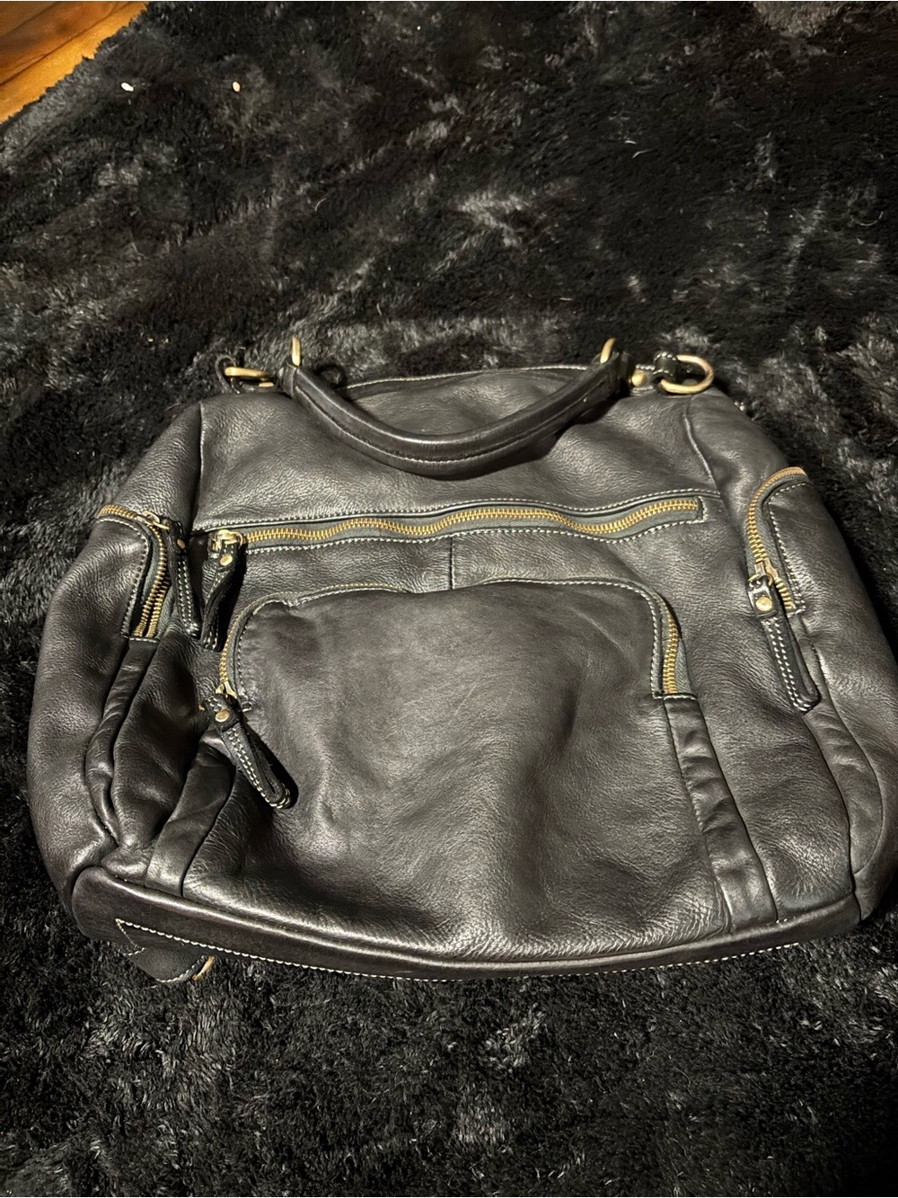 Spacious Black Leather Shoulder Bag with Multiple Zip Pockets